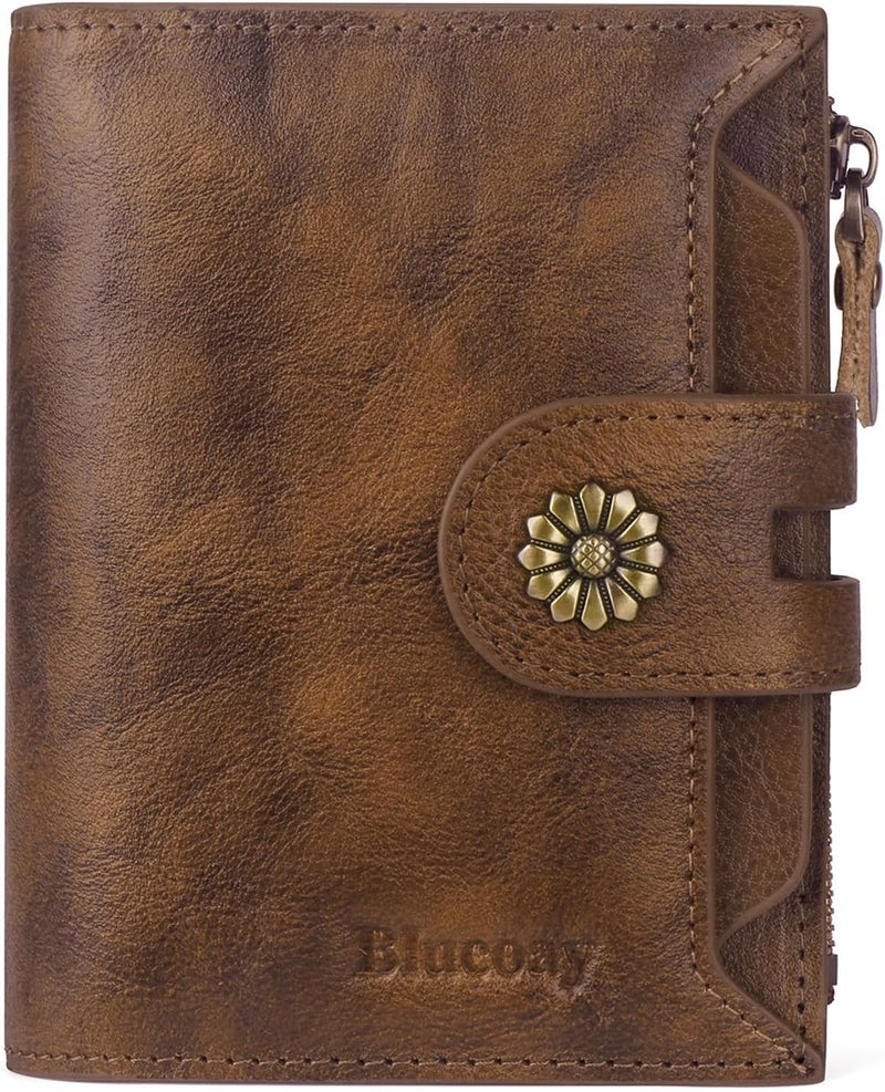 Blucoay Wallet Women,RFID Blocking Leather Womens Wallet Bifold Compact Card Holder Small Wallet for Women with Removable ID Window Darkbrown - Image 1